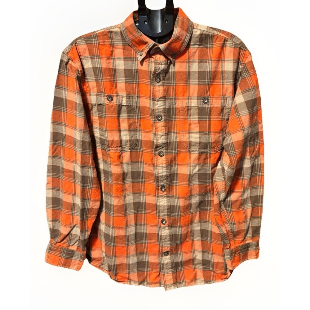Duluth Trading Mens L Free Swingin Orange Brown Plaid Flannel Relaxed Fit Shirt